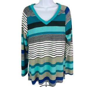 PrinStory Sweater Women Size M Blue Gray White Green Stripes Side Zipper V neck